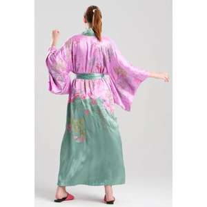 Robe Kimono Longue en Satin Rose et Vert Teint Uni Écologique pour Femme avec Ceintures, Idéale pour la Détente - Product Image 4