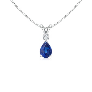 14K Gold IGI Certified Natural Blue Sapphire Prong-<b>Set</b> Teardrop V-Bale Pendant With Round Diamond Fine Jewelry Necklace For Girl - Product Image 1