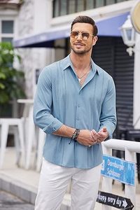 เสื้อเชิ้ตคิวบาแบบกัวยาเบราสำหรับผู้ชาย เสื้อเชิ้ตติดกระดุมลำลอง แขนยาว เสื้อเชิ้ตชายหาดฤดูร้อน - Product Image 4