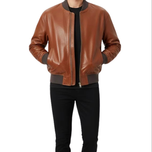 Blouson aviateur en cuir véritable pour homme, col rabattu, fermeture éclair, marron uni, coupe classique, pour l'automne - Product Image 1