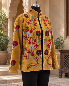 Mustard <b>Velvet</b> Embroidered Suzani <b>Jacket</b> for <b>Women</b> Handmade Boho Ethnic Winter Coat Vintage Style Wholesale Ladies Outerwear - Product Image 4