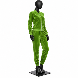 Ensemble de survêtement en velours vert pour femme, veste à fermeture éclair à manches longues et pantalon, décontracté, couleur unie, respirant, coupe régulière, automne - Product Image 3