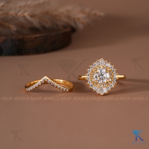 Ensemble de bagues de mariée ethniques en or massif avec diamants de laboratoire, double halo vintage, bijoux fins sur mesure pour femme, cadeau d'anniversaire - Product Image 1