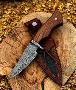 High Quality Damascus Steel Hunting Outdoor Knife with Leather Sheath Easy Carry Camping Hunting Knife with Wood Handle OEM - Product Image 3