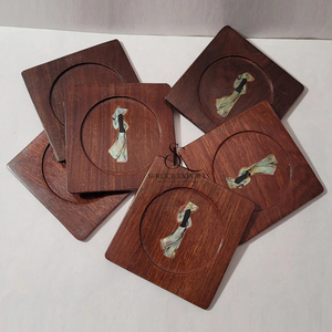 Handmade Wooden <b>Coaster</b> <b>Set</b> With Elegant Mother Of Pearl Inlay Statue Design Durable, Rustic Charm For Home & Bar Decoration - Product Image 2