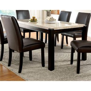 Tavolo da Pranzo Rettangolare in Noce Scuro Stile Transizionale con Piano in Vero Marmo Avorio, 1 Pezzo, Arredamento per Cucina e Sala da Pranzo - Product Image 1