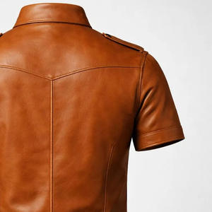 Men's PU Leather Front Logo Button Shirt Premium Short Sleeve Casual <b>Western</b> Biker Breathable Quick Dry Winter Shirt <b>Jacket</b> - Product Image 5