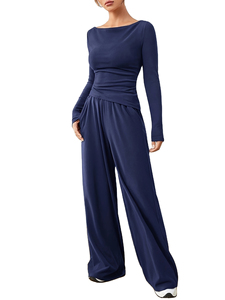 Custom Summer Women Flared Pants Shirt Set Clothing Set Fold Flared Pants and T Shirts Solid Pattern Two-Piece <b>Lounge</b> wear - Product Image 2