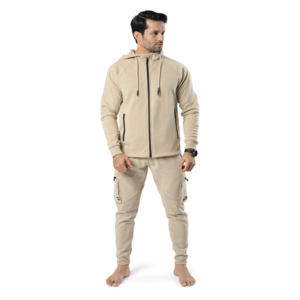 Custom Men’s Beige Cargo Tracksuit Full <b>Zip</b> <b>Hooded</b> Jacket and Multi Pocket Jogger Pants Private Label Techwear Sportswear Set - Product Image 2