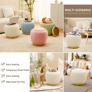 Modern Round Floral Storage Ottoman Soft Padded Teddy Velvet Footstool with Accent Small Table Plant Stand - Product Image 5