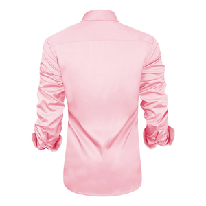 เสื้อเชิ้ตผู้ชายสีชมพูทรงเข้ารูป แขนยาว ปกคอพับ สีพื้น ผ้าป๊อปลิน สไตล์สมาร์ทแคชชวล สำหรับใส่ในฤดูใบไม้ผลิ - Product Image 2