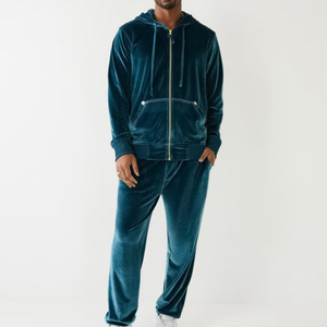 Men Eco-Friendly Lightweight Velour Tracksuit Hooded Full <b>Zip</b> Print Casual Autumn Style Pants Set Regular Fit Side Pockets - Product Image 1
