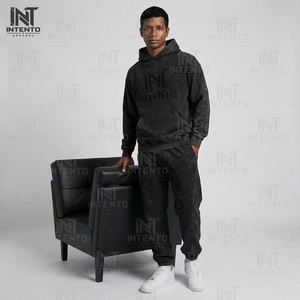 Conjunto Deportivo Informal de Dos Piezas para Hombre INTENTO, Sudadera con Capucha y Cordón Ajustable, Logotipo Frontal, Corte Holgado, Color Negro Lavado, Pantalones Deportivos, Otoño - Product Image 6