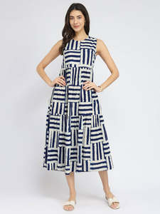 Geometric Print <b>Sleeveless</b> Midi <b>Dress</b> O-Neck A-Line Loose Fit Cotton Bamboo Fiber <b>Summer</b> Casual Wear Beautiful <b>Dress</b> Women - Product Image 3