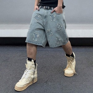 กางเกงยีนส์ขาสั้นทรงหลวมปักอักษรโลโก้แบบกำหนดเองสำหรับผู้ชาย กางเกงยีนส์ขาสั้นทรงวินเทจขาบาน กางเกงยีนส์ขาสั้นเรียบง่ายสำหรับผู้ชาย - Product Image 3