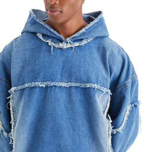 100% Cotton Made Casual Wear Men Jeans Hoodie Low Price Embroidery Logo Jeans Hoodie Top Selling Distress <b>Work</b> Jean Hoodie - Product Image 3