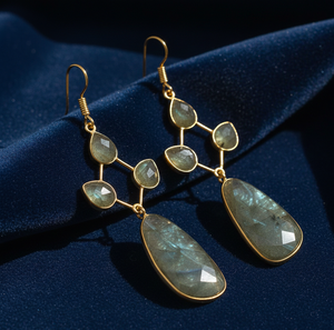 ต่างหูลาบราดอไรต์ธรรมชาติ |   รูปทรงลูกแพร์ แบบแฟนซีคัท |   เงินแท้ 925 ชุบทอง 18K |   ต่างหูแบบติดหูขนาด 6 นิ้ว น้ำหนัก 22 กรัม - Product Image 1