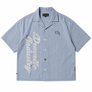 Camisa Y2K a Rayas Azules con Estampado Puff para Hombre, Oversize, de Corte Cuadrado, Manga Corta, Color Personalizado, Cuello con Botones de Estrella, Estilo Urbano, Abotonada - Product Image 3