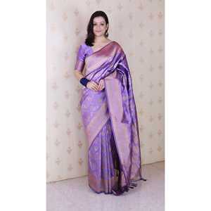 ผ้าไหมลาเวนเดอร์ บาเนราสี จาล ซอฟท์ ซิลค์ โกลด์ ซารี ลายมีนาคารี ทอแบบกลับด้านได้ แห้งเร็ว สำหรับงานพิธีต่างๆ  เสื้อผ้าอินเดีย ปากีสถาน - Product Image 1