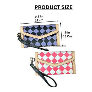 Portefeuille long en cuir à carreaux rose tendance, en cuir véritable, blocage RFID, organisateur de cartes de crédit pour femmes, pochette à poignet - Product Image 2