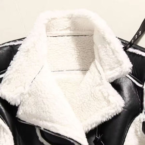 Blouson moto en cuir et peau lainée pour femme avec ceinture, col montant, chaud pour l'hiver, manches longues, style court - Product Image 5