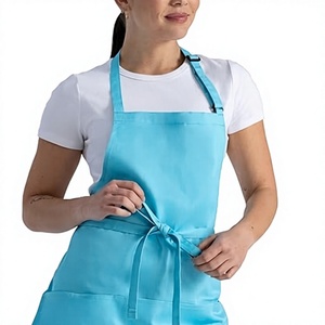 Delantal de poliéster tejido azul claro con bolsillos y cierre de lazo para mujer, uniforme para camareros de restaurante y bar - Product Image 1
