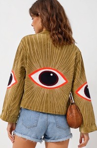 <b>Women</b>’s Mustard Velvet Eye Embroidered Jacket Handmade Boho Artistic <b>Outerwear</b> - Product Image 5