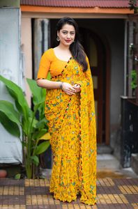 Sari de algodón amarillo con estampado digital y diseño tradicional para mujer, estilo informal de India y Pakistán - Product Image 2