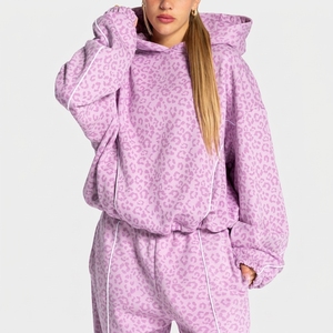 Custom logo <strong>Women</strong> Oversized <strong>Pink</strong> Leopard Print Knitted Streetwear Pullover <strong>Hoodie</strong> with Contrast Piping Welt Pocket Casual Wear - Product Image 1
