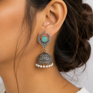 Antique Silver-Plated Bohemian Drop Earrings Bollywood Jhumka Monalisa Stone Women's <b>Wedding</b> Bulk Wholesale - Product Image 2