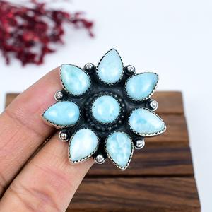 Anillo de Flor de Larimar, Plata de Ley 925, Gema Azul, Anillo Floral, Joyería Boho Hecha a Mano, Regalo para Ella - Product Image 4