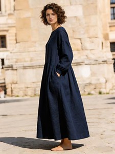 Robe longue bohème pour femme en coton et lin bleu marine, manches longues, col rond, coupe ample, unie, fluide, décontractée, pour l'été - Product Image 3