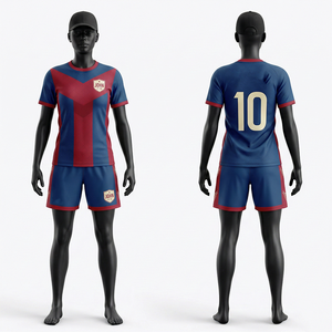 Uniforme de Fútbol Femenino Premium, 155 GSM, Tejido de Poliéster que Absorbe la Humedad, Diseño de Panel en V Azul y Rojo, Logotipo Termosellado - Product Image 1