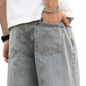 Mens Breathable Button Front Stone Wash <b>Light</b> Blue Baggy Straight Leg Denim Jeans Loose Fit Wide Leg Casual Streetwear Full - Product Image 4