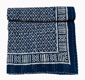 Silkgram Traditional Indigo Cotton Kantha <b>Quilt</b> Blue Floral Hand-Stitched Eco-Friendly All-Season Home Decor <b>Throw</b> Cover - Product Image 4