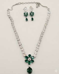 Floral Pattern Center Piece American Diamond Pear Drop Shape Accent Necklace <b>Set</b> With Dangle Earrings Festive Party Wear Jewelry - Product Image 1