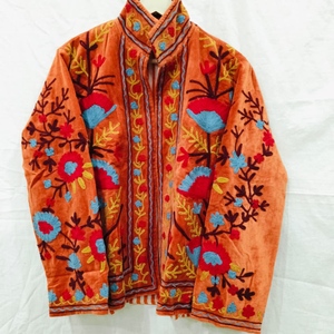 Blouson Bomber en Velours Brodé à Manches Longues, Col Montant, Motifs Floraux, Travail Artisanal, Doublure en Coton, Vêtement d'extérieur - Product Image 1