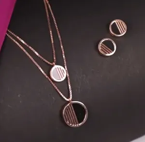 Rose Gold Layered Circle Pendant Necklace with Matching <b>Stud</b> <b>Earrings</b> Modern Geometric Jewelry Set - Product Image 1