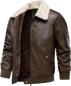 Chaqueta Bomber de Cuero PU Marrón para Hombre, con Cuello de Piel Sintética, Cierre de Cremallera Frontal, Estilo Motero, Gruesa para Invierno, Color Sólido, Manga Regular - Product Image 2