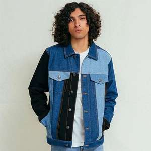 Chaqueta de lona vaquera con bloques de color para hombre 2026, cuello alto, estampado de dibujos animados, ligera, a la moda, estilo urbano, ropa exterior - Product Image 1