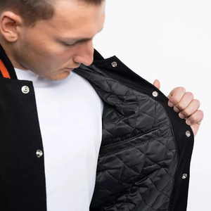 Men's Black Solid Color With Orange Trim Leather Sleeves Button Closure Casual Wear Regular <b>Fit</b> Turn-down Collar Varsity <b>Jacket</b> - Product Image 3