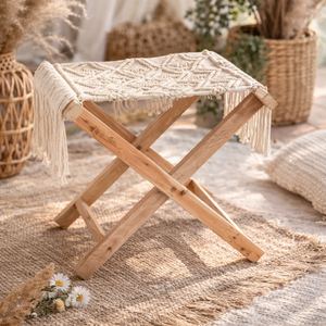 Wholesale Lightweight <b>Stackable</b> Bamboo Stool Blue Crochet Seat Pink Heart Tassels Modern Design Home Furniture Bone Inlay - Product Image 2