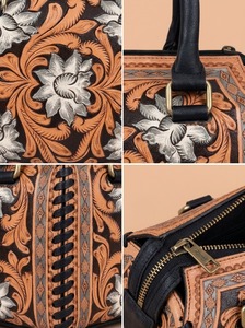 Custom Genuine Leather Weekender Handbag Embossed Floral Tote Duffel <b>Bag</b> Zipper Closure Travel <b>Overnight</b> Purse - Product Image 2