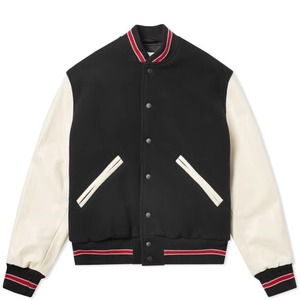 Men's Black Varsity <b>Jacket</b> With Cream PU <b>Leather</b> Sleeves Turn-down Collar Button Closure Casual Autumn Wear - Product Image 1