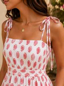 Robe d'été décontractée pour femme, en coton, imprimée à la main, longueur genou, évasée, douce et naturelle |   Bretelles à nouer sans manches |   OEM/ODM | - Product Image 3