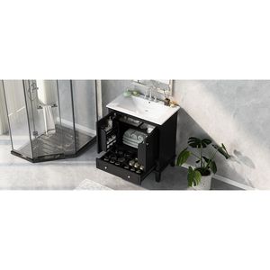 Mobile Bagno Multifunzionale Nero da 30 Pollici in Legno Massello e MDF con Lavabo Integrato, Ante e Cassetto - Product Image 1