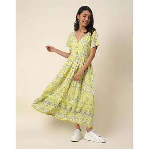 Robe longue bohème artisanale pour femme, unie jaune et blanche, taille naturelle, idéale pour les sorties décontractées - Product Image 5