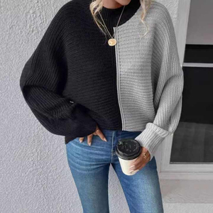 Women's Asymmetric Color Block Knitted Pullover Crew Neck Long Sleeve Batwing Sweater Anti-Pilling Autumn Wear - Product Image 2