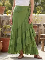 Jupe portefeuille marron pour femme, superposée, en tissu filet de coton khadi, style évasé bohème, taille unique.