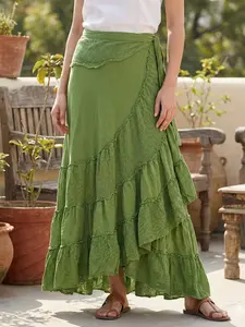 Falda cruzada marrón para mujer, falda de tela de algodón khadi en capas, falda acampanada estilo bohemio, talla única. - Product Image 2